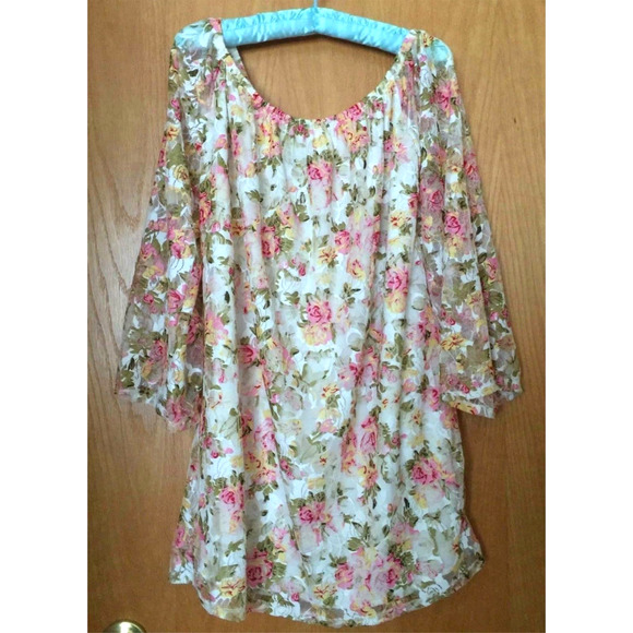 Dainty Hooligan Off Shoulder Tunic Dress Size S Roses Floral Lace Overlay Lined - Picture 11 of 13